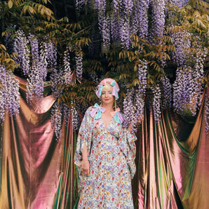 Wildflower Meadow Print linen V-Neck Kaftan Gown