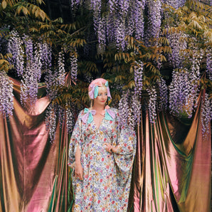 Wildflower Meadow Print linen V-Neck Kaftan Gown