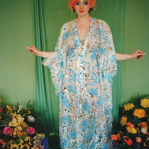 Jasmine - Dripping golds and blues sequin kaftan gown
