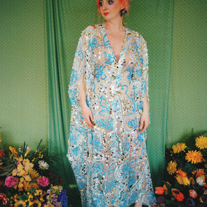 Jasmine - Dripping golds and blues sequin kaftan gown