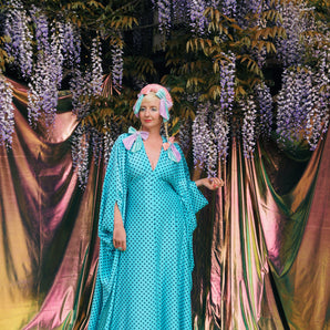 Turquoise Dot to Dot Slinky V-Neck Kaftan Gown