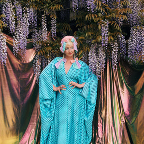 Turquoise Dot to Dot Slinky V-Neck Kaftan Gown