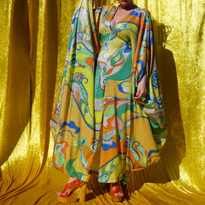 Golden Hour Psychedelic Shimmer Lurex V-neck Kaftan Gown