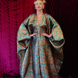 Beautiful brocade bronze and teal Kaftan Gown