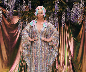 Luxe Pastel Rainbow Stripe Sequin V Neck Kaftan Gown, Freesize