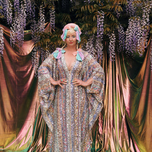 Luxe Pastel Rainbow Stripe Sequin V Neck Kaftan Gown, Freesize