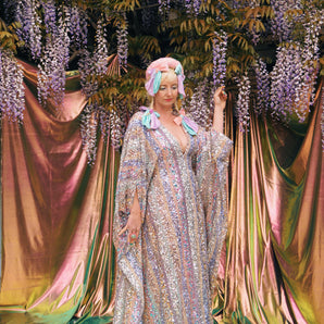 Luxe Pastel Rainbow Stripe Sequin V Neck Kaftan Gown, Freesize
