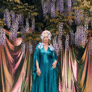 Emerald Teal Sequin Slinky V-Neck Kaftan Gown