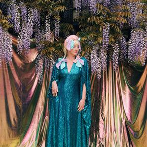Teal Sequin V-Neck Kaftan Gown, Freesize