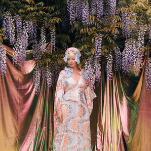 Swirl Sequin Peach and Silver V Neck Kaftan Gown, Freesize