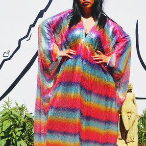 Rainbow Bright Striped Sequinned V-Neck Kaftan Gown