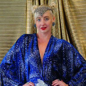 Deep plunge 1930s inspired Blue firework Silver glittered multicoloured speckled Kaftan Gown