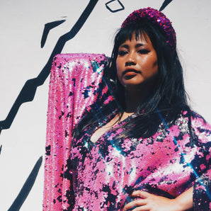 Black and pink Flipped Sequinned V-Neck Kaftan Gown