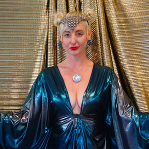 Deep plunge liquid blue and silver kaftan Gown