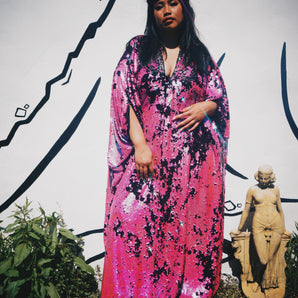 Black and pink Flipped Sequinned V-Neck Kaftan Gown