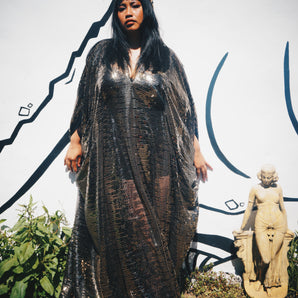 Black and Gold Circle Sequin Sheer V Neck Kaftan Gown, Freesize