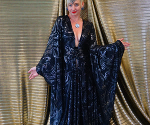 Deep plunge black and silver Elvira inspired slinky kaftan Gown