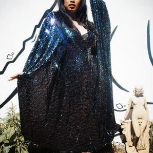 Oil Slick Black-Sequinned V-Neck Kaftan Gown
