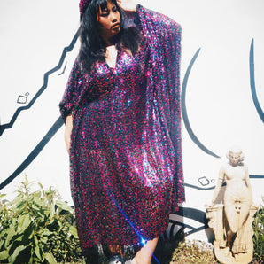 Black and pink Sequinned V-Neck Kaftan Gown