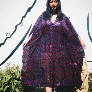 Black and pink Sequinned V-Neck Kaftan Gown