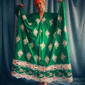 Green Gypsy Folk Cotton Lace Trimmed Kaftan