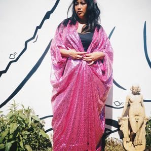 Cerise Pink Circle Sequin Kaftan Gown / Kimono, Freesize