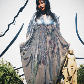 Studio 54 Silver Sequin V Neck Kaftan Gown, Freesize