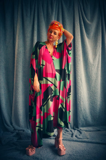 80s retro shapes print hot pink & green Slinky Kaftan Gown Fumbalinas 80s retro shapes print hot pink & green Slinky Kaftan Gown Fumbalinas