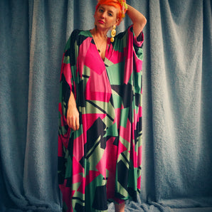 80s retro shapes print hot pink & green Slinky Kaftan Gown