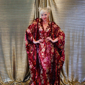 Maroon Red sequin and iridescent flowers Kaftan Gown