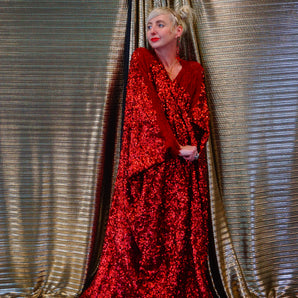 Heavily sequinned wool and matte red sequin Velvet Kaftan Gown