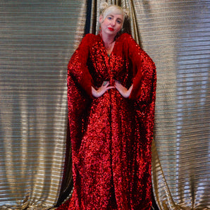 Heavily sequinned wool and matte red sequin Velvet Kaftan Gown