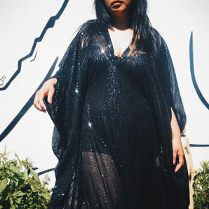 Black Sequinned V-Neck Kaftan Gown