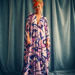 Purple and White Abstract Swirl Print Slinky Kaftan