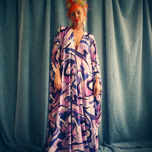 Purple and White Abstract Swirl Print Slinky Kaftan