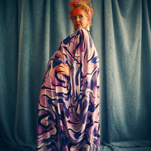 Purple and White Abstract Swirl Print Slinky Kaftan