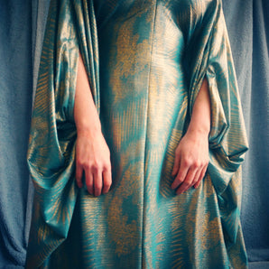 Metallic foil Gold and Blue print Kaftan Gown