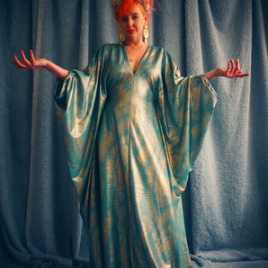 Metallic foil Gold and Blue print Kaftan Gown