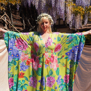 Tropical Bloom Shimmer Lurex V-neck Kaftan Gown