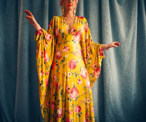 Floral Pink and Mustard Gold Print Slinky Kaftan