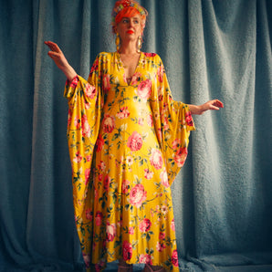 Floral Pink and Mustard Gold Print Slinky Kaftan