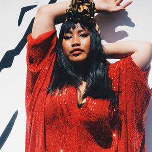 Ruby Red Sequinned V-Neck Kaftan Gown