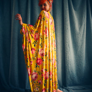 Floral Pink and Mustard Gold Print Slinky Kaftan