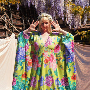 Tropical Bloom Shimmer Lurex V-neck Kaftan Gown