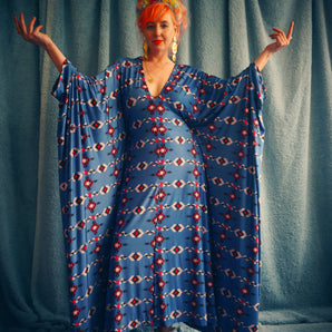 Disco shimmer Aztec Inca print Blue Kaftan Gown