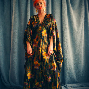 Silky satin dramatic print fireworks kaftan Dress