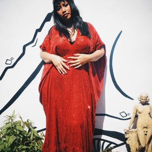 Ruby Red Sequinned V-Neck Kaftan Gown