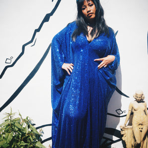 Royal Blue Sequinned V-Neck Kaftan Gown