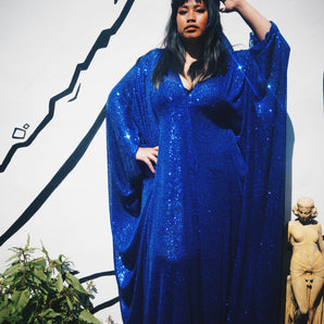 Royal Blue Sequin V Neck Kaftan Gown, Freesize