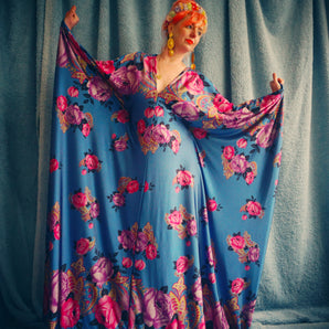 Floral Border pinks and blues Flower Garden Kaftan Gown